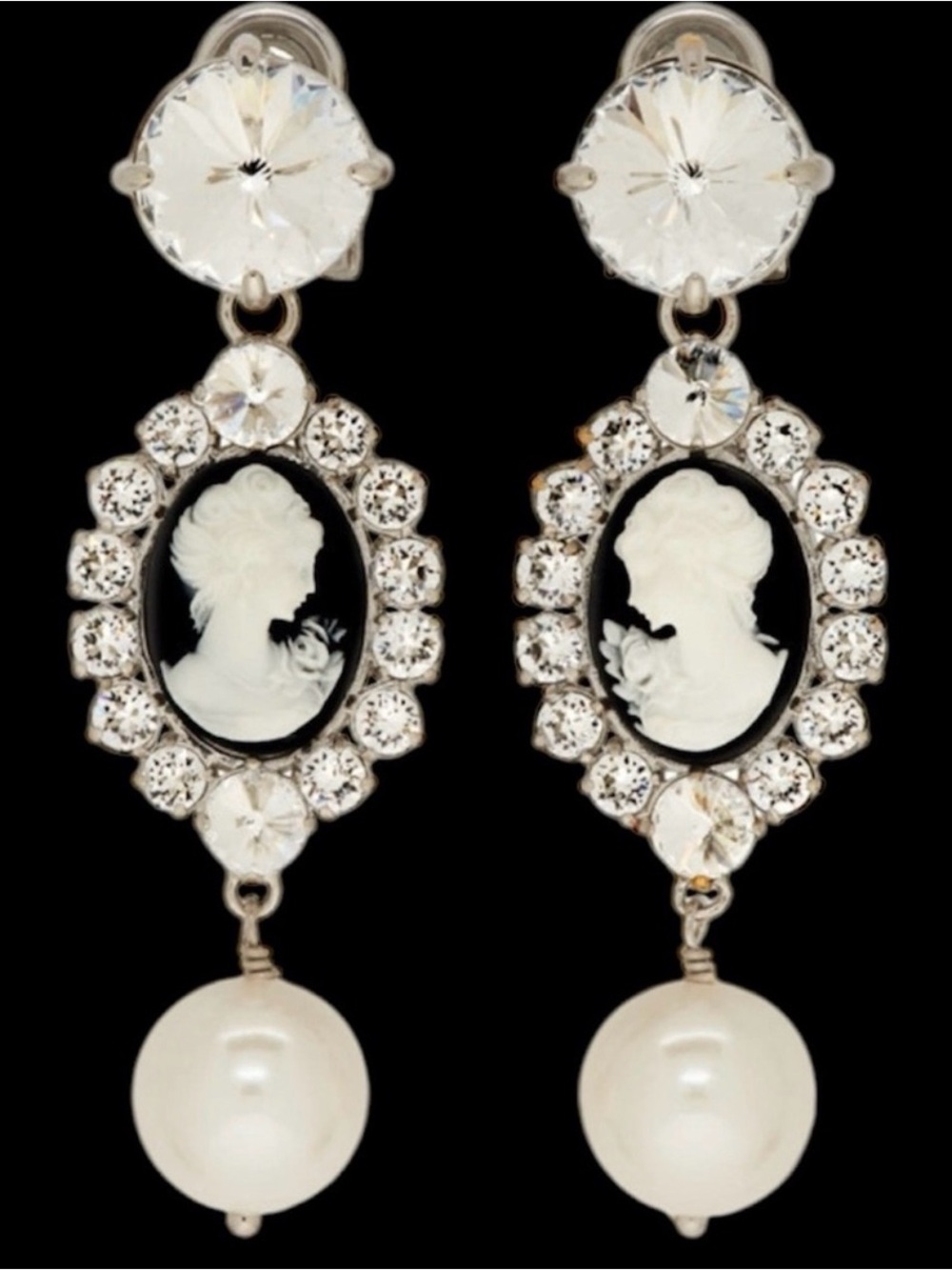 Miu Miu Black and White Cameo Crystal Drop Pearl Earrings